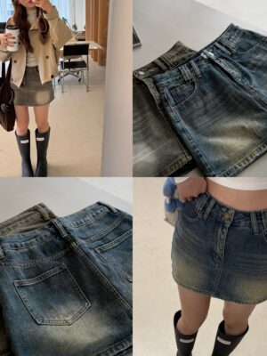 復古刷色超瘦牛仔短裙（有內襯）