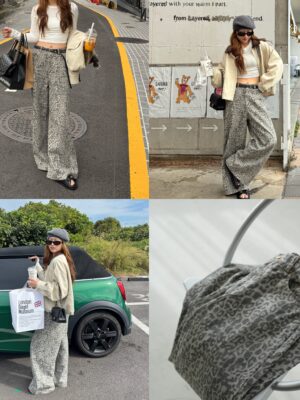 超韓豹紋時髦後鬆緊寬褲