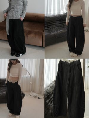 拼接褲頭牛仔繭型反車線彎刀褲