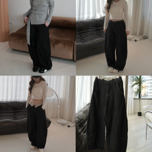 拼接褲頭牛仔繭型反車線彎刀褲