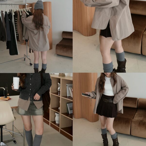 前短後長奶茶素面長袖襯衫