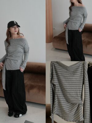 歐膩一字領平口條紋綁帶上衣