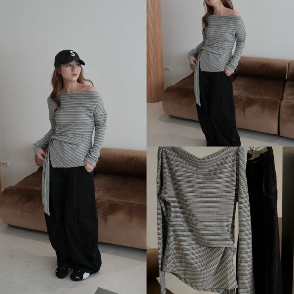 IMG_6915 歐膩一字領平口條紋綁帶上衣