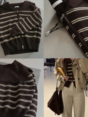 大翻領條紋水手雙拉鏈針織毛衣上衣