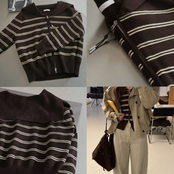 大翻領條紋水手雙拉鏈針織毛衣上衣