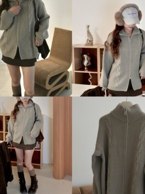 翻領兩穿雙拉鏈麻花毛衣上衣