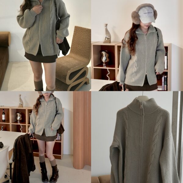 翻領兩穿雙拉鏈麻花毛衣上衣