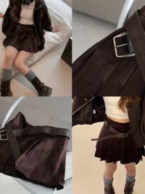 質感麂皮附皮帶百褶裙短裙