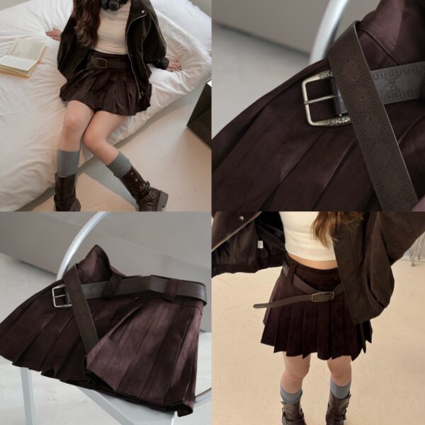 質感麂皮附皮帶百褶裙短裙