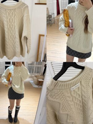 法式麻花反車標厚磅針織毛衣上衣