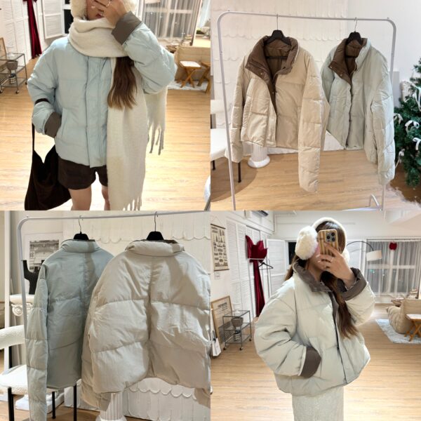 90%鴨絨拼接色翻領立領兩穿羽絨外套！超輕超保暖（下抽繩）