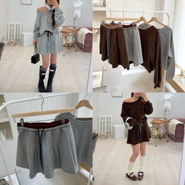 Miu風撞色露肩平口韓系套裝 上衣+裙