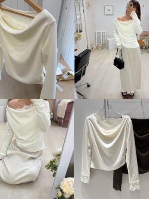 IMG_9316 假兩件蕾絲拼接斜肩毛呢上衣!約會必備