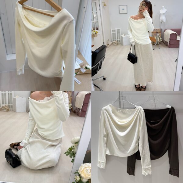 假兩件蕾絲拼接斜肩毛呢上衣！約會必備