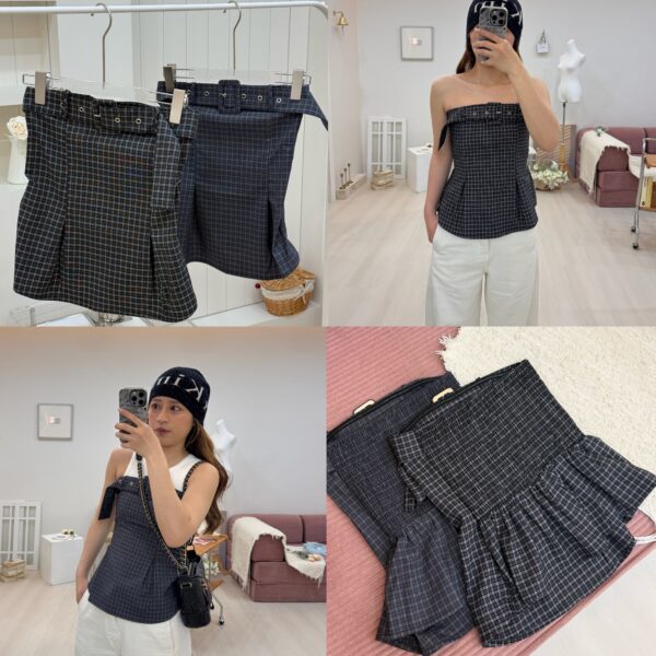 1323 studio-平口格紋甜酷後鬆緊上衣（內有防滑膠條）