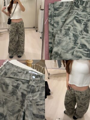 1323 studio-迷彩刷色必收水洗中低腰個性辣妹牛仔寬褲
