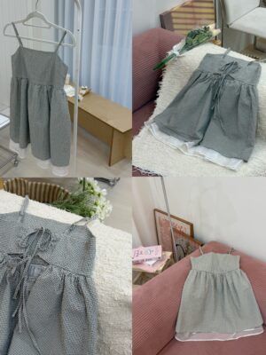 1323 studio-格紋浪漫🌹細肩小洋裝後綁帶蕾絲上衣