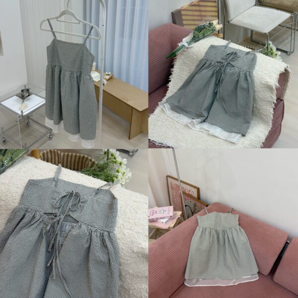 1323 studio-格紋浪漫🌹細肩小洋裝後綁帶蕾絲上衣